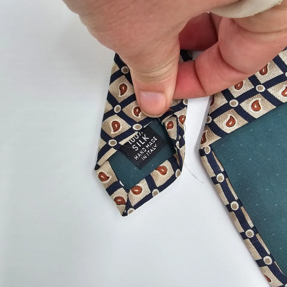 Brookcraft Silk Tie Handmade in Italy Geometric Diamond Pattern Navy Tan Vintage